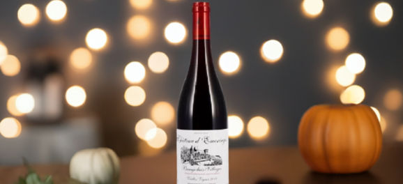 Bottle of Beaujolais Villages Ch d`Emeringes Cuvee Fruitée 2021 in a Christmas/Halloween background