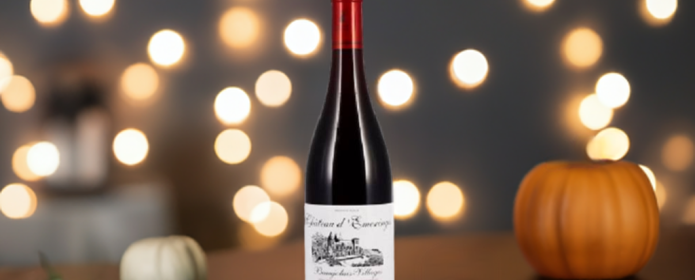 Bottle of Beaujolais Villages Ch d`Emeringes Cuvee Fruitée 2021 in a Christmas/Halloween background